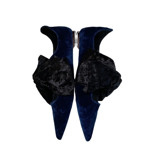 Zara Woman Velvet Big Bow Pointed Toe Flat, Blue and Black, 37 - Picture 2 of 5